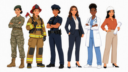 Obraz premium Woman soldier female firefighter woman police businesswoman female doctor female engineer female team professional career diverse occupation girl