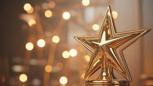 Golden award trophy star on a bokeh background, space for text, copyspace banner winner and 1st place concept, hd