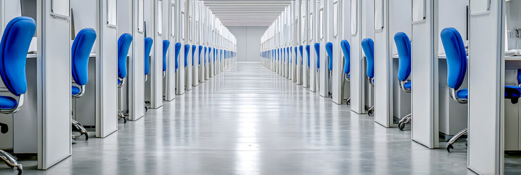 Corporate office workspace featuring symmetrical rows of blue ergonomic chairs and white cubicles in a large empty call center interior for business and professional use
