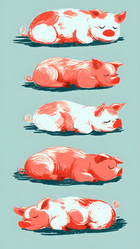 Cute cartoon pigs sleeping peacefully in a row on a soft blue background, sweet farm animal illustration for children's decor and designs