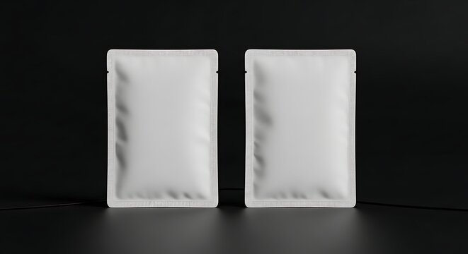 Two white blank face mask pouches with detailed pattern edges for beauty cosmetic packaging mockups on dark background