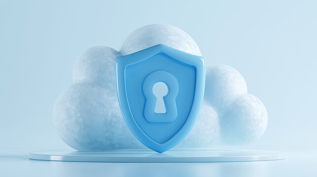 Blue shield with keyhole icon protecting fluffy clouds