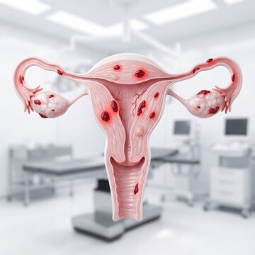 3D medical illustration of a female uterus with red affected spots representing endometriosis or fibroids inside a bright modern clinic room setting