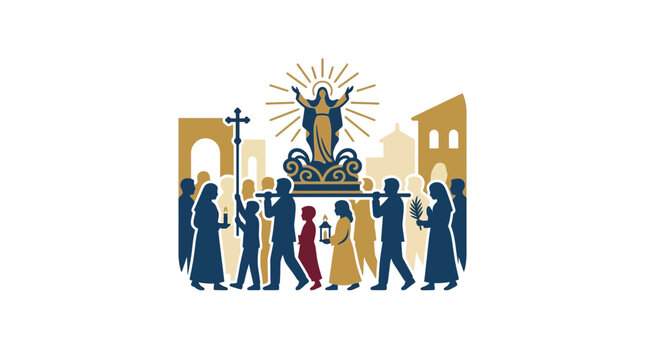 A solemn religious procession featuring a statue of the Virgin Mary carried by devotees.