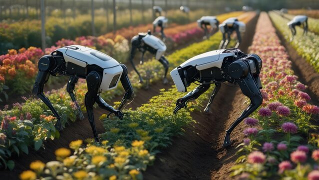 Robots tend a colorful flower field