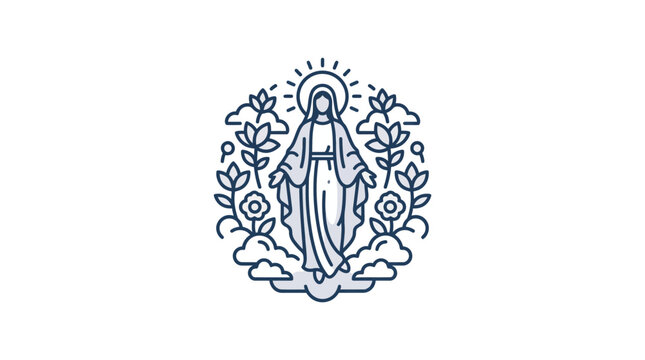 Minimalist line art illustration of the Virgin Mary surrounded by floral elements and clouds.