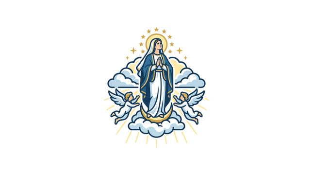 Illustration of the Virgin Mary standing on a crescent moon surrounded by angels and clouds.