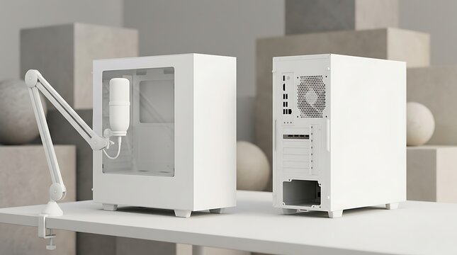 Two white computer tower cases with microphone boom arm mockup for gaming streaming setup and pc build hardware technology