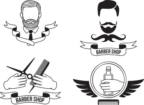 Set of classic barber shop emblems showcasing bearded men, scissors, combs, and decorative ribbons