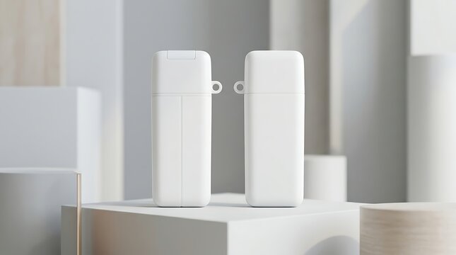 Two white digital medical thermometers standing on geometric podiums in a modern clean clinic environment for health monitoring