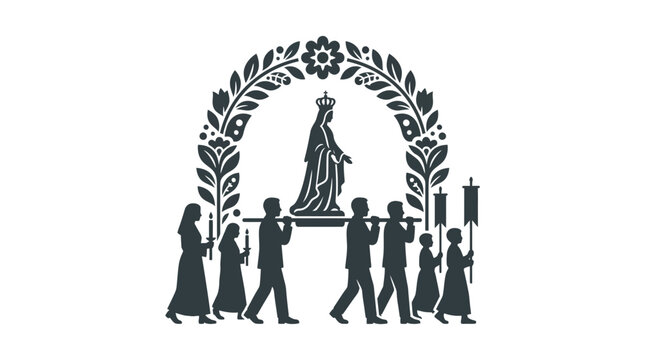 A silhouette illustration of a religious procession carrying a statue of the Virgin Mary.
