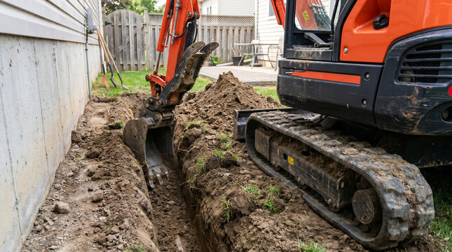 Mini Excavator Digging Trench for Home Construction.