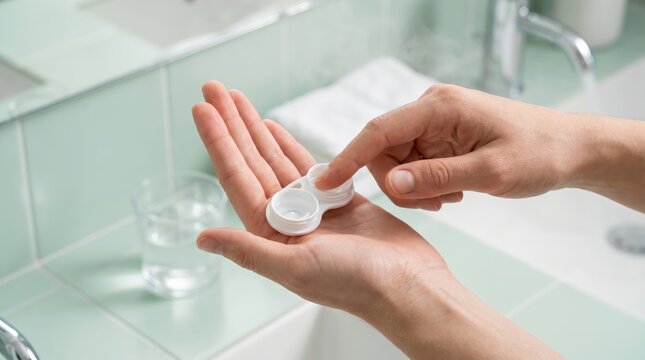 person holding contact lens case in bathroom medical-consultation