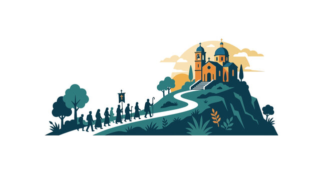 A procession of people walking up a winding path towards a hilltop church.