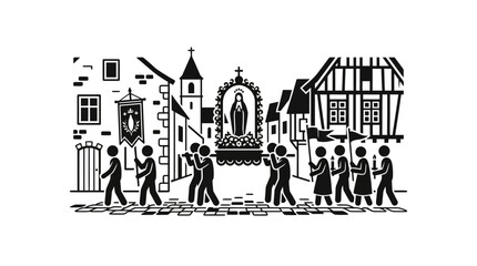 Fototapeta premium A black and white illustration of a religious procession carrying a statue through a village street.