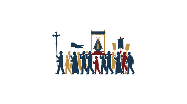 A religious procession featuring a statue of the Virgin Mary carried by a group of people.