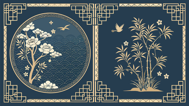 Traditional chinese style seamless pattern with floral and bamboo elements on dark blue background