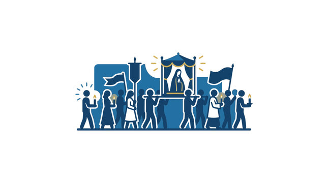 A stylized illustration of a religious procession featuring people carrying a shrine with a figure.