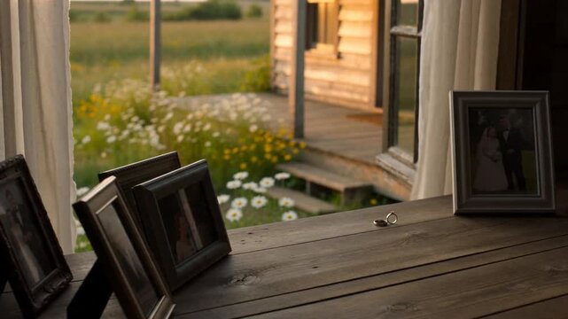 Details of a table with frames and a ring in front of a sunny field and a wooden house in the background during late afternoon hours