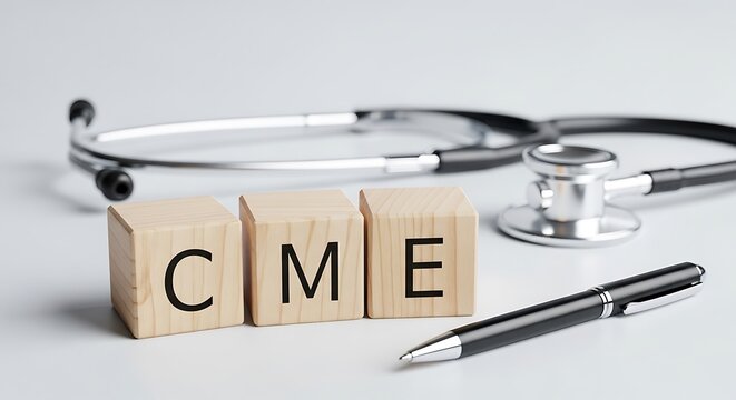 Continuing medical education concept with wooden blocks spelling cme next to a medical stethoscope and a black ink pen on white