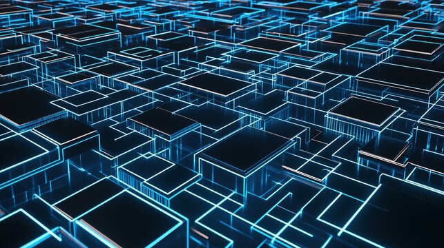 Futuristic tech abstract art, glowing blue and white lines form complex cuboid structure network, dark blue gradient black background, overlapping cross lines creating depth and motion, digital city a