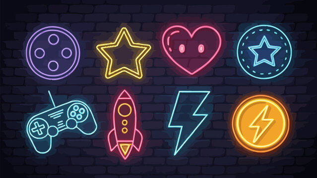 Set of neon glowing icons including game controller, rocket, heart, star, and lightning bolt on brick wall