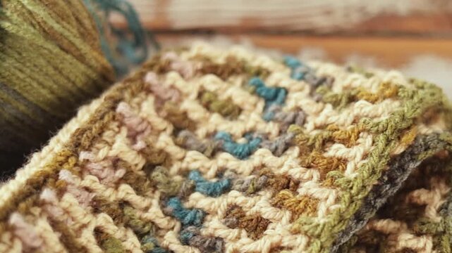 Close-up pan of colorful yarn balls, a crochet hook, and a textured mosaic crochet swatch on a rustic wooden surface. Perfect for crafting backgrounds.