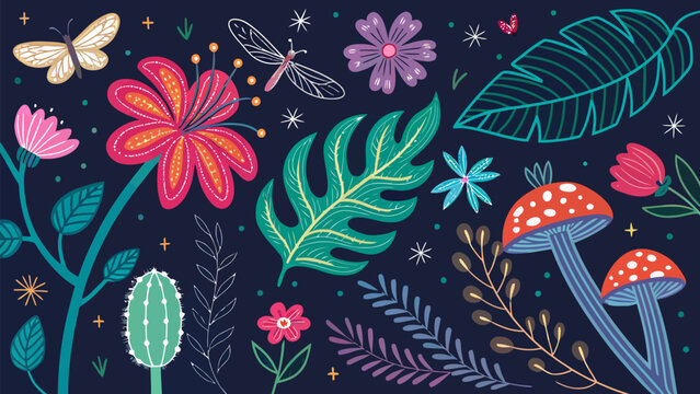Seamless pattern with tropical flowers, mushrooms, leaves, and insects on a dark blue background