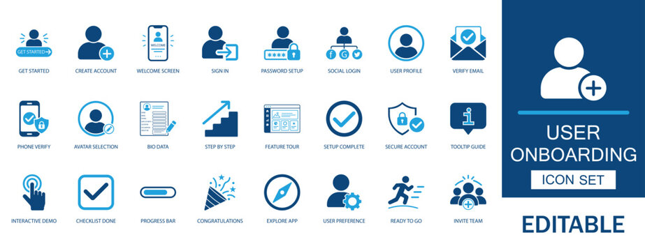 User onboarding and mobile app registration icon set. Featuring account setup profile, tutorial feature tour guide, registration process, and system welcome symbols.