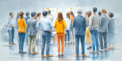 Fototapeta premium Corporate innovation meeting featuring employees presenting workflow ideas on a collaborative whiteboard wall today confidently