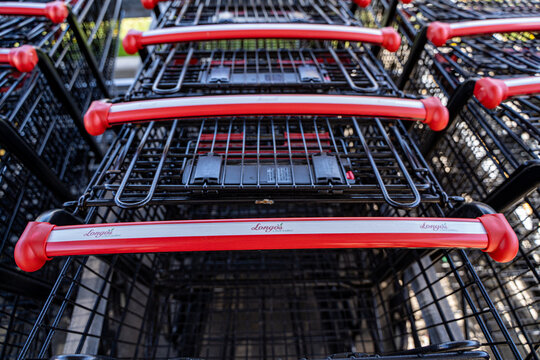 Close up of Longo's shopping cart inside grocery store. Markham, Canada - May 30, 2026.