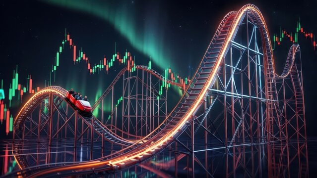 Rollercoaster ride mirroring stock market fluctuations under aurora