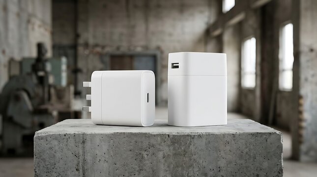 Two white power adapters with usb type c ports displayed on rough concrete block in industrial background for tech marketing