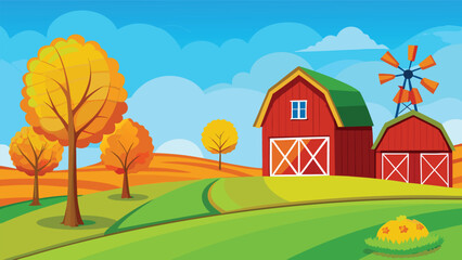 Autumn farm landscape with red barns and colorful trees under a blue sky with clouds © CreativeKamrul