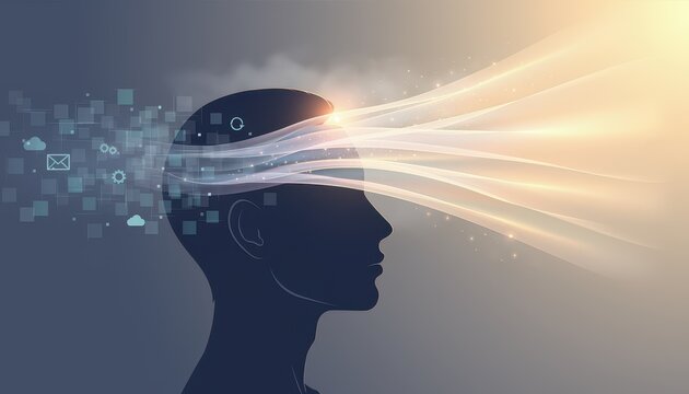 Mindset shift concept. Human head silhouette with digital data and light beams symbolizing knowledge flow