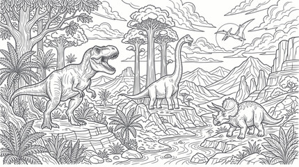Dinosaur Coloring Page: Prehistoric Landscape with T-Rex, Brontosaurus, Triceratops © Salak