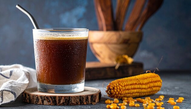 Dark traditional kvass beverage. Chilled estonian kali drink in a glass surrounded by rustic wooden elements and harvest grains on a table.