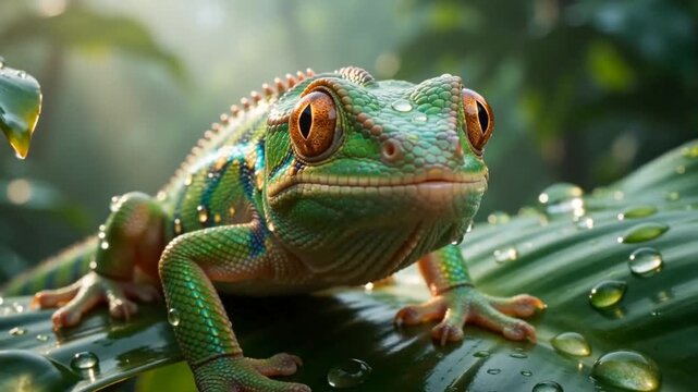Colorful lizard rests on a green leaf in a rainforest after a light rain during the early morning hours