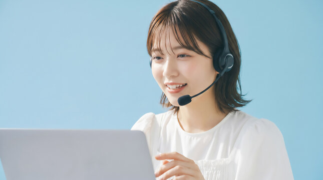 Young Japanese female customer support operator with headset using laptop