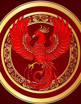 Ornate Red Phoenix Emblem with Spread Wings in Gold Circular Frame