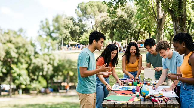 Diverse students collaborating on a creative art project in a park