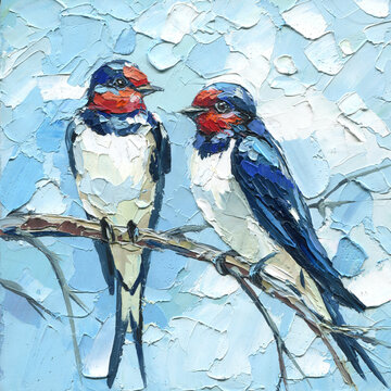 barn swallows on branch impasto oil painting with blue sky and textured white clouds for bird lover home decor