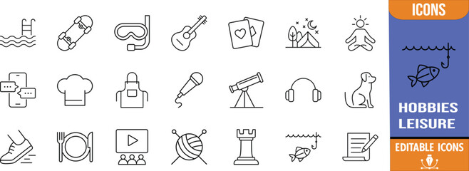 Hobbies and leisure activities vector icons. skateboard icon set, diving mask icon set, guitar icon set © Romjan