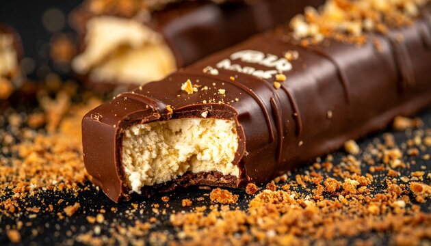 Bitten chocolate sweet cheese bar. Classic baltic kohuke dessert showing creamy vanilla curd filling coated in rich chocolate.