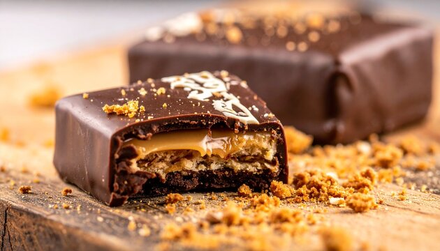 Chocolate glazed curd snack. Sweet estonian kohuke bar with caramel and cookie crumbs inside a crisp dark chocolate shell.