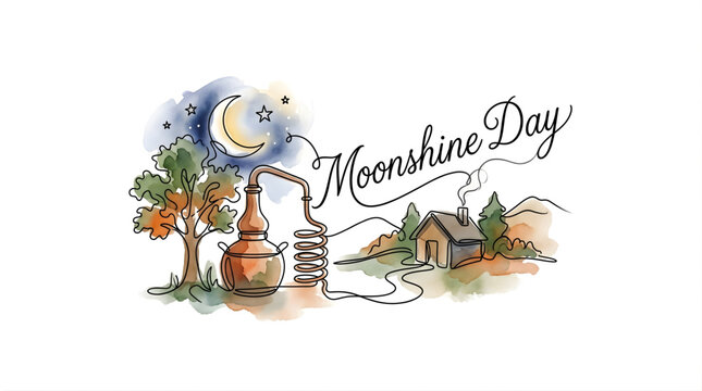 Moonshine Day watercolor illustration with continuous line art, featuring a traditional copper still, rustic cabin, trees, and crescent moon night sky