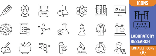 Science laboratory research outline icons. test tube icon set, microscope icon set, flask icon set © Romjan