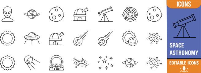 Space exploration and astronomy line icons. astronaut icon set, telescope icon set, planet icon set © Romjan