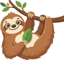 Obraz premium Cute Cartoon Sloth Animal Hanging on a Tree Branch with Leaf, Adorable Jungle Wildlife Illustration for Kids