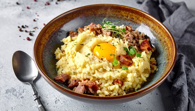 Hearty potato and groat mash. Traditional mulgipuder bowl topped with crispy bacon bits and a raw egg yolk for a rich comfort meal.